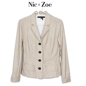 Nic + Zoe Striped Blazer Jacket Frayed Hem Size 10 Neutral Coastal Chic